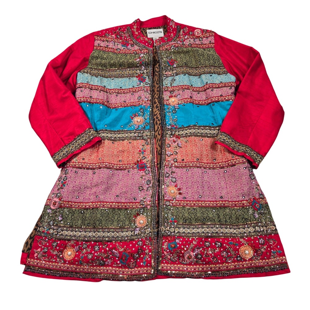 Chicos Jacket Womens 12 Red Silk Blend Embroidered Beaded Open Front